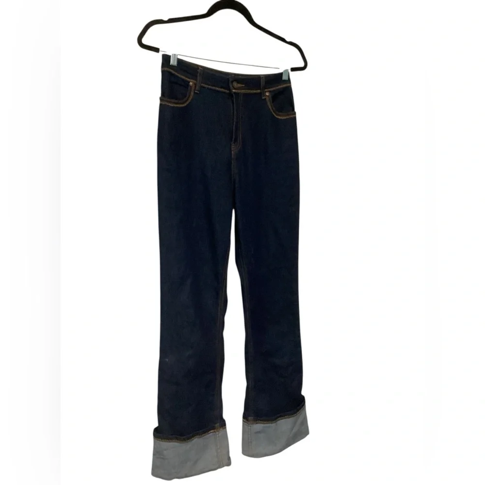 High Waist Cuffed Flare Leg Jeans In Dark Rinse Wash - Picture 2 of 7